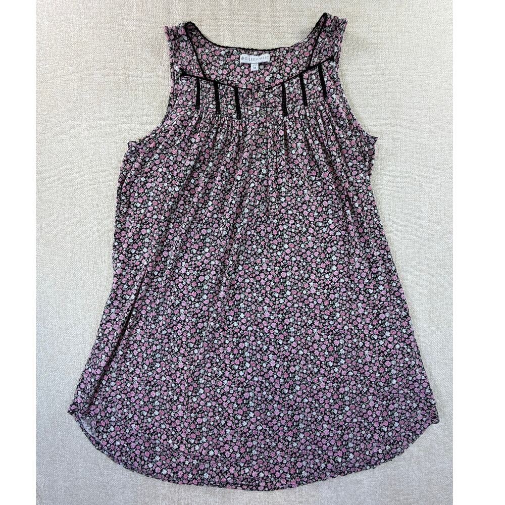 Eileen West Women Med Pink White Sleeveless Lace Trim Daisy Knit Nightgown